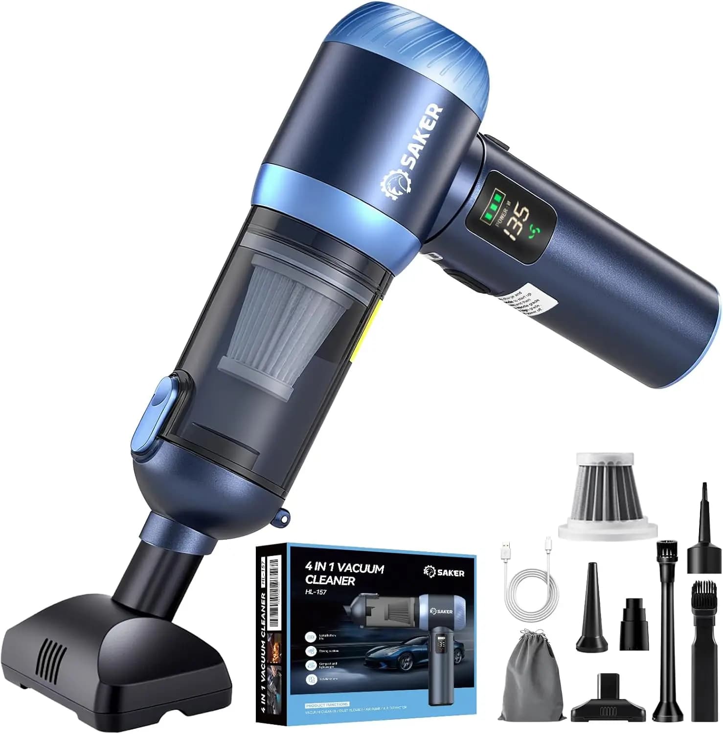 Aspirapolvere Portatile Senza Fili 20000Pa, 4-in-1 con Luce LED, Tipo-C, per Auto Casa Ufficio Animali Domestici