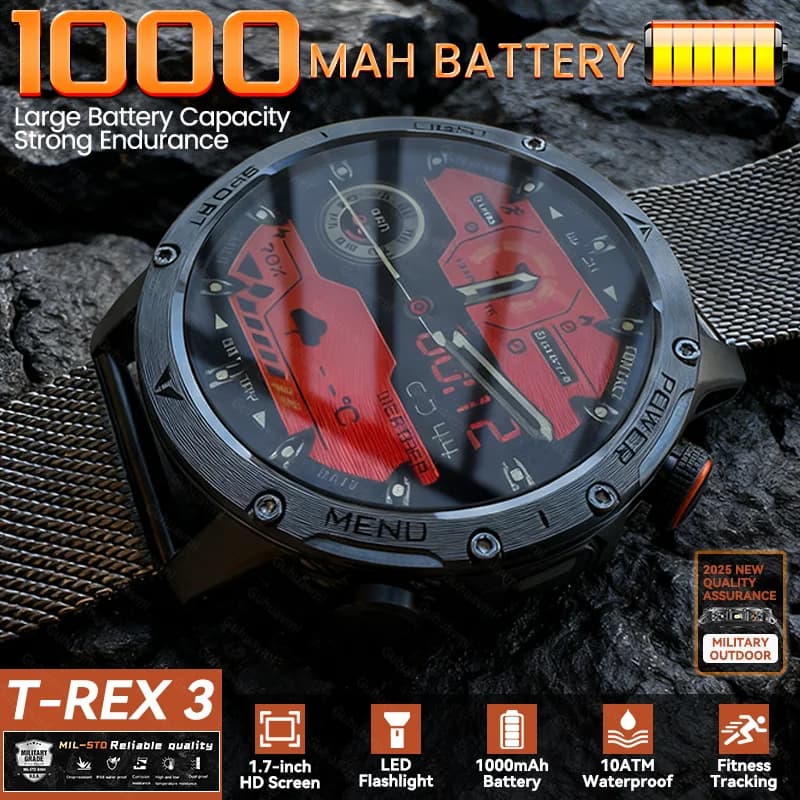 New T-REX3 Outdoor 1000mAh Battery Watch Smart 1.7 "Great 10ATM Electric Flashlight Screen Waterproof Sports Fitness Men Smartwatch
