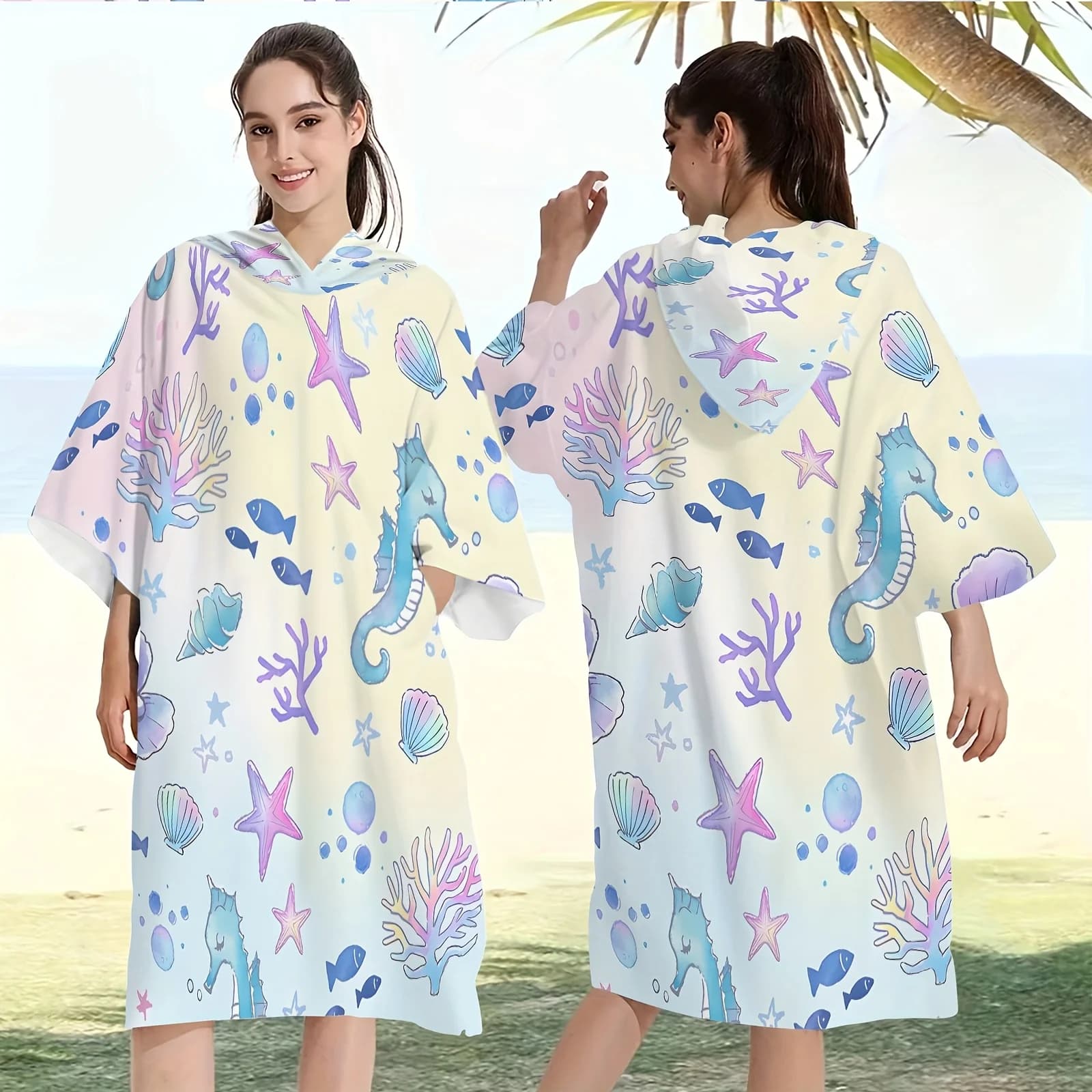 Poncho Asciugamano da Surf a Forma di Cavalluccio Marino, 1 Pezzo, Accappatoio da Spiaggia con Cappuccio in Poliestere ad Asciugatura Rapida, Poncho Cambio per Adulti per Surf, Nuoto e Gite in Spiaggia
