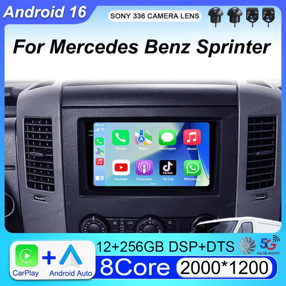 Autoradio multimediale Android 16 da 10 pollici per VW Crafter e Mercedes Benz Sprinter, lettore video GPS stereo, CarPlay+auto, WIFI+4G, DSP