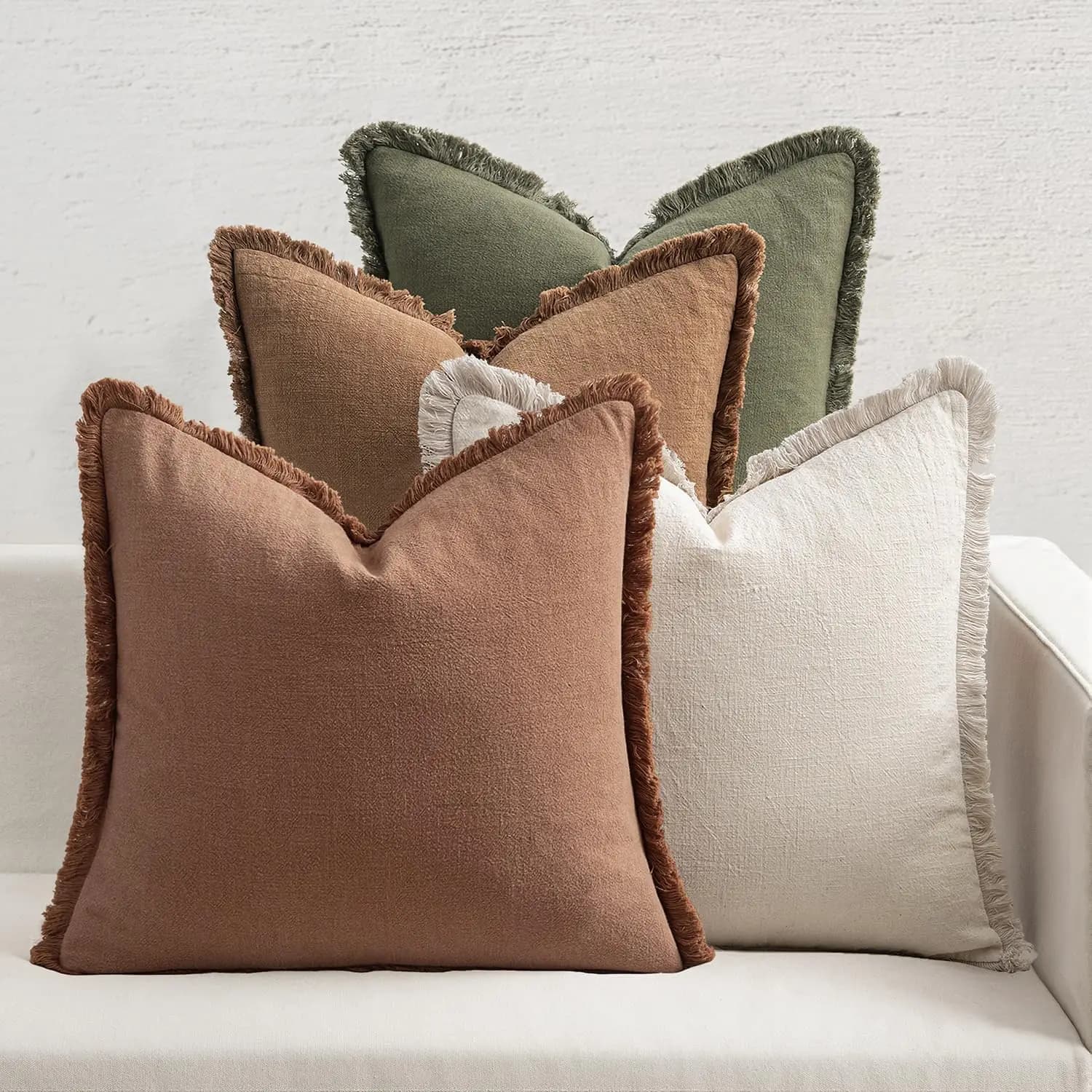 Set of 4 Decorative Flax Cushions with Frange, Soft and Rustic Boho Farmhouse Style for Sofa and Living Room, 18x18 Beige/Marrone/Verde