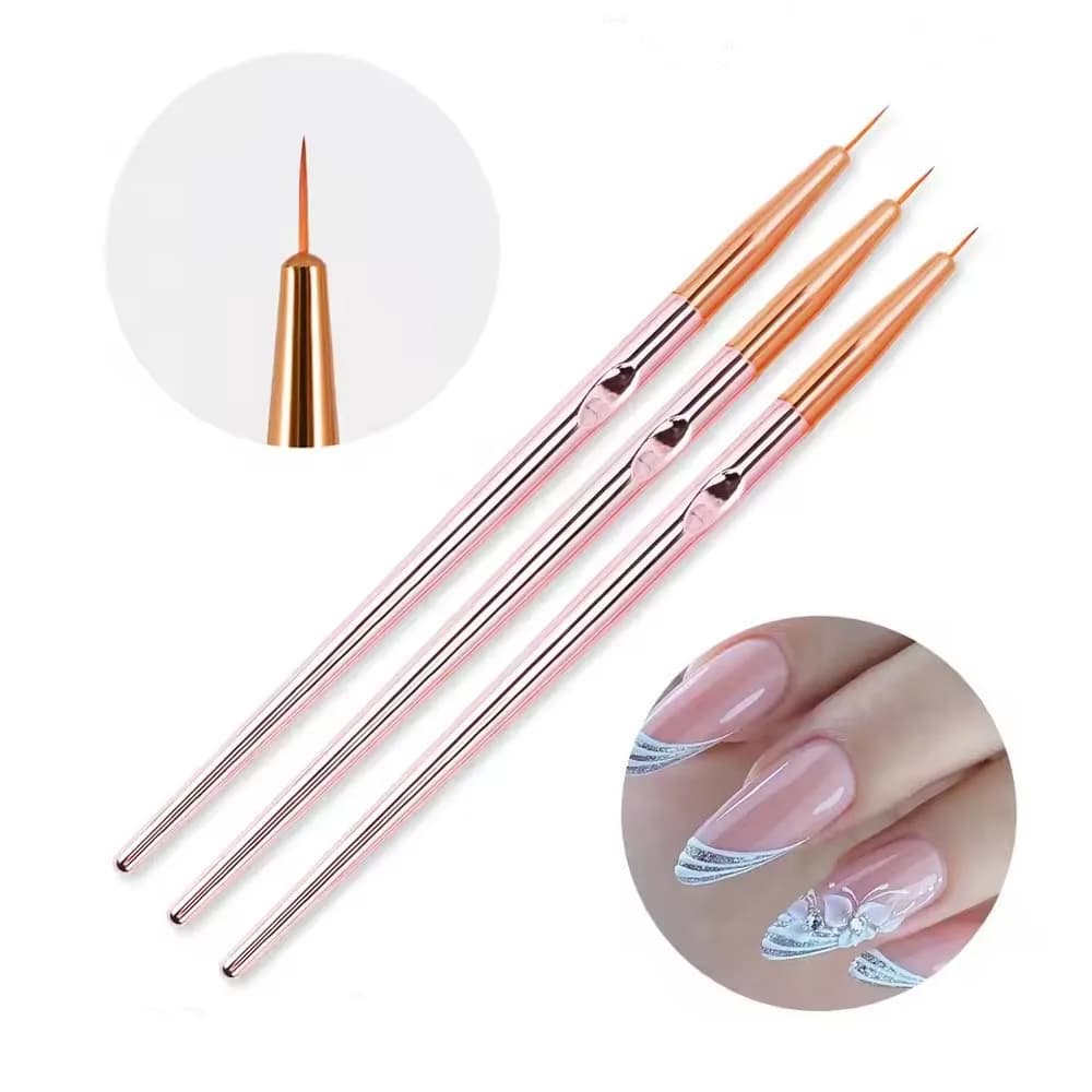 Set di 3 Pennelli per Nail Art in Oro Rosa, Pennello Sottile per Linee con Manico in Metallo, Strumenti per Disegno e Design di Unghie con Gel UV, Kit per Manicure