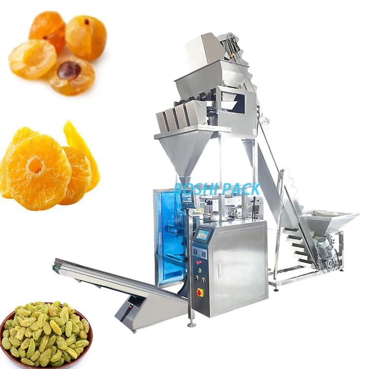 Macchina confezionatrice sfusa per uvetta secca a 4 teste, ananas secco, patatine di mango, mirtilli rossi, macchina confezionatrice per frutta secca