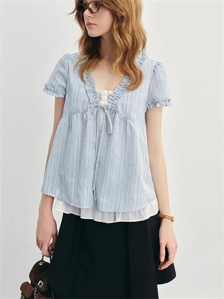 Blu Estate Donna irt V-ne Puffy Sve Allentato Faionable ort-sved Nodo Top Coreano Sle Dolce Allentato