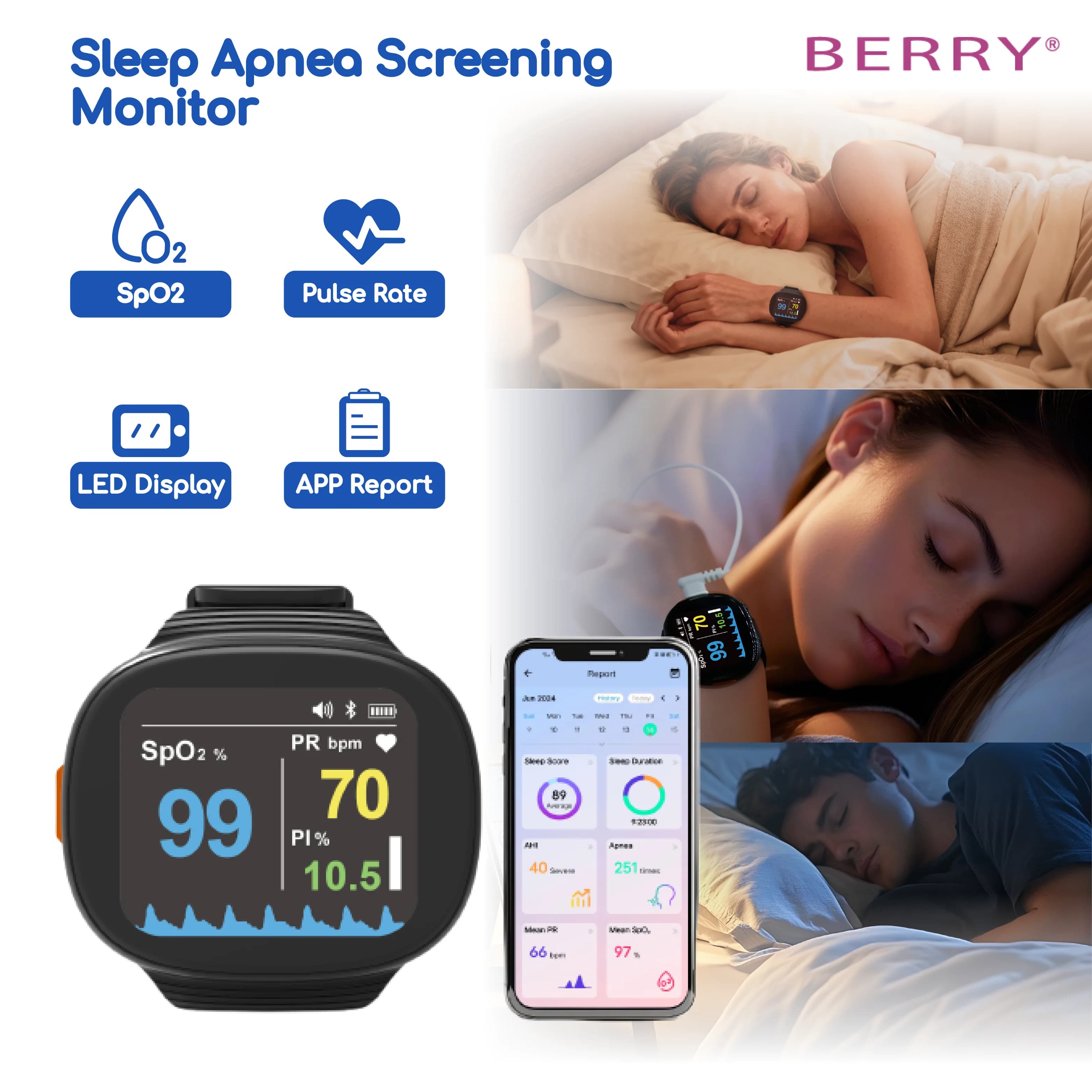 BERRY BM2000A Monitor for Night Apnea Screening Wrist Sleep Monitor for Family Sleep Health Night Pulsossimeter