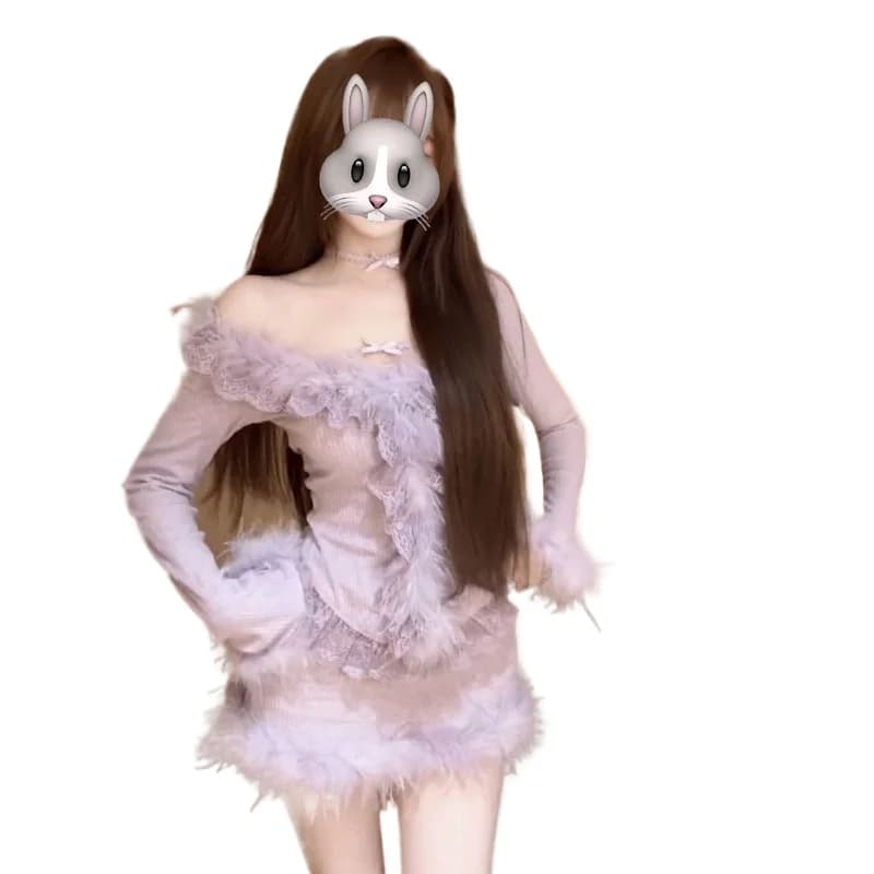 Set di Abiti Pure Desire per Autunno e Inverno, Stile Spice Girls, Sexy, Soffici, con Inserti in Pizzo, Sottili, a Maniche Lunghe, Gonna e Top, Completo Due Pezzi da Donna
