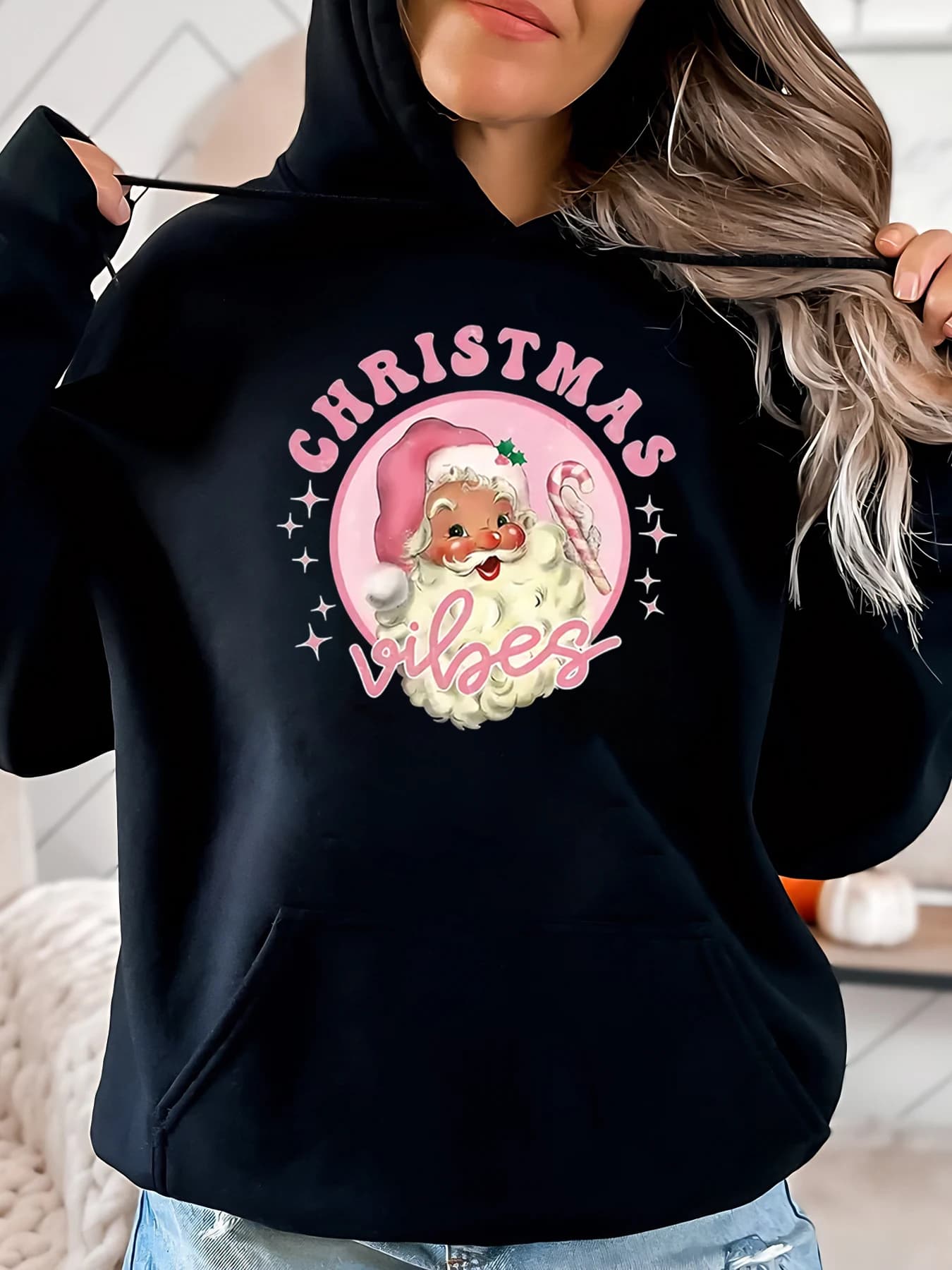 Christmas Vibes Hoodie Santa Claus Holiday Women Casual Clothing Black Plus Size