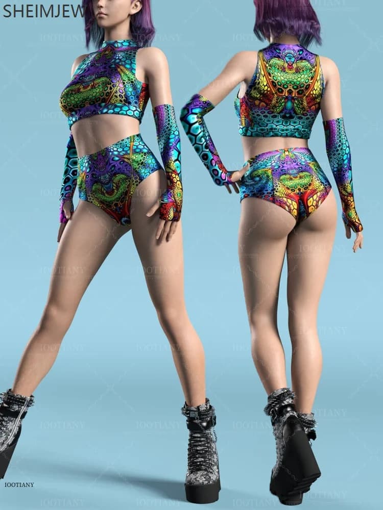 Moda corta da donna arte pelle di serpente graffiti collant senza maniche tuta festa di carnevale gioco di ruolo costume da bagno pancia esposta 2025