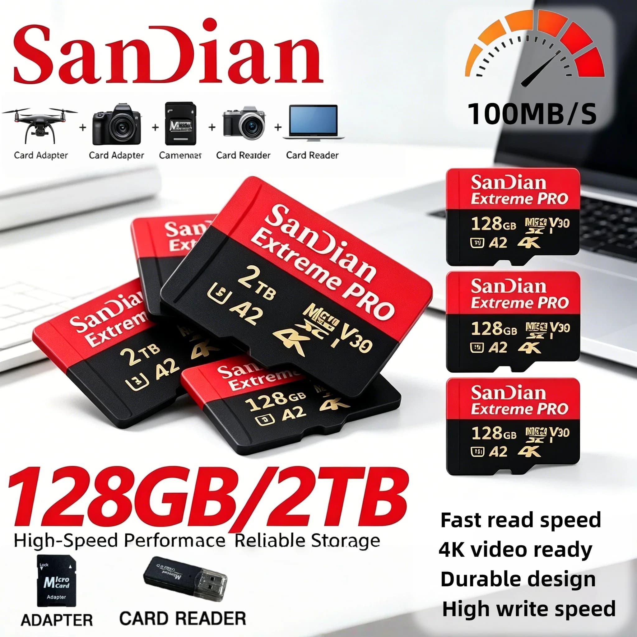 Schede di Memoria TF SD Impermeabili Classe 10 U3 V30 con Adattatore USB 128GB 512GB Scheda Micro TF SD ad Alta Velocità per Laptop Fotocamera Telefono