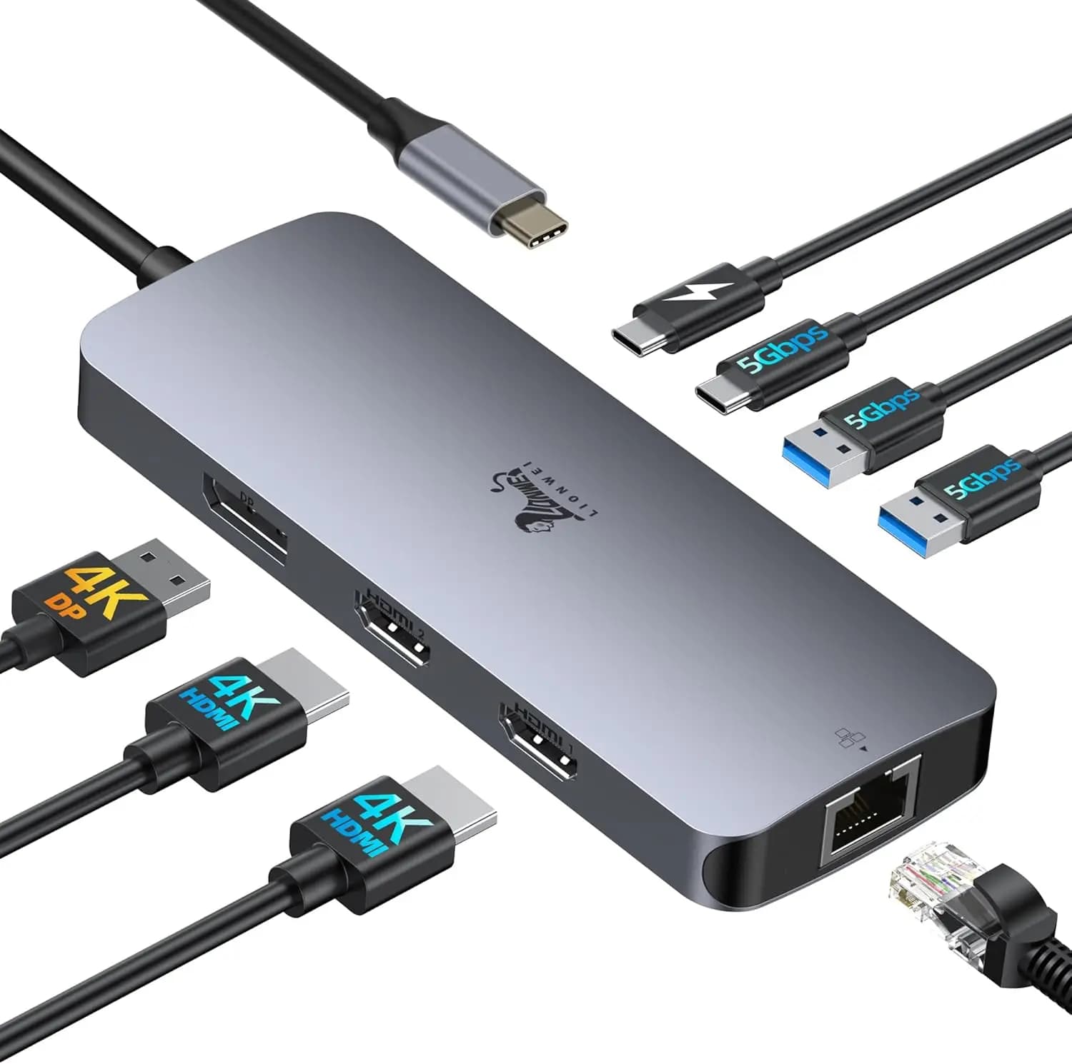 Docking station USB C con doppia HDMI, DisplayPort, ricarica PD da 100 W, Ethernet e porte USB per laptop