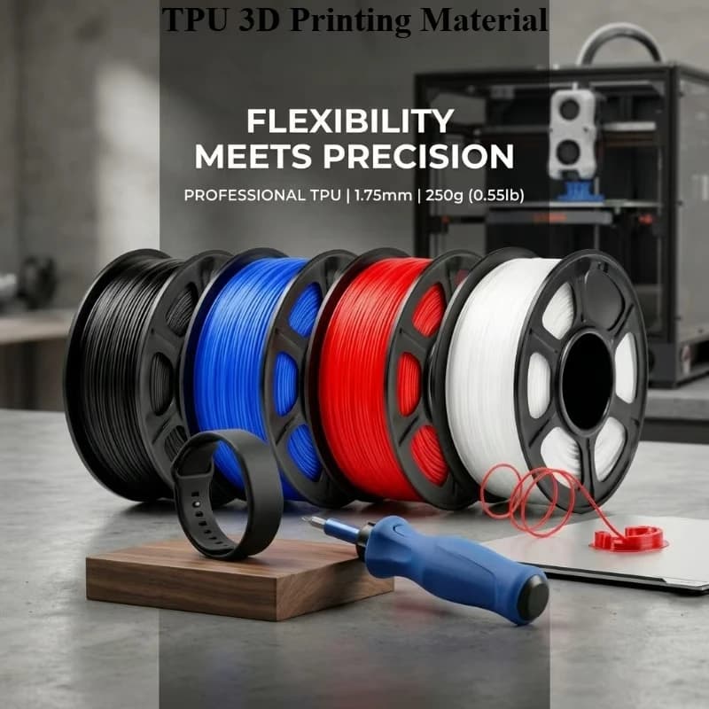 Filamento TPU per Stampante 3D, 1.75mm, Precisione Dimensionale +/- 0.02 mm, 250g per Bobina, 4 Colori: Nero/Bianco/Blu/Rosso