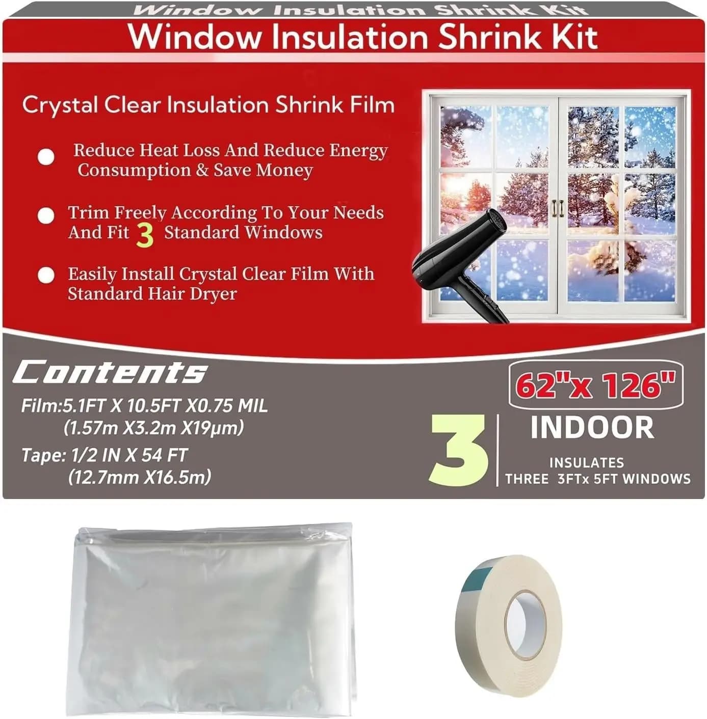 Kit isolante trasparente per finestre contro caldo e freddo, 3 finestre (62x126 pollici), facile installazione con asciugacapelli