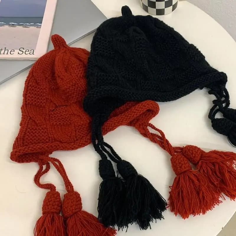 Cappello di lana lavorato a maglia con nappa Donna Autunno Inverno Protezione per le orecchie calda Berretto dolce e carino