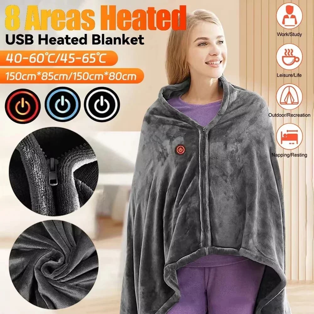 Coperta elettrica con riscaldamento indossabile Scialle 5V Ricarica USB 3 livelli riscaldati Coperta da tiro Velluto corallo 8 aree riscaldate Riscaldamento rapido