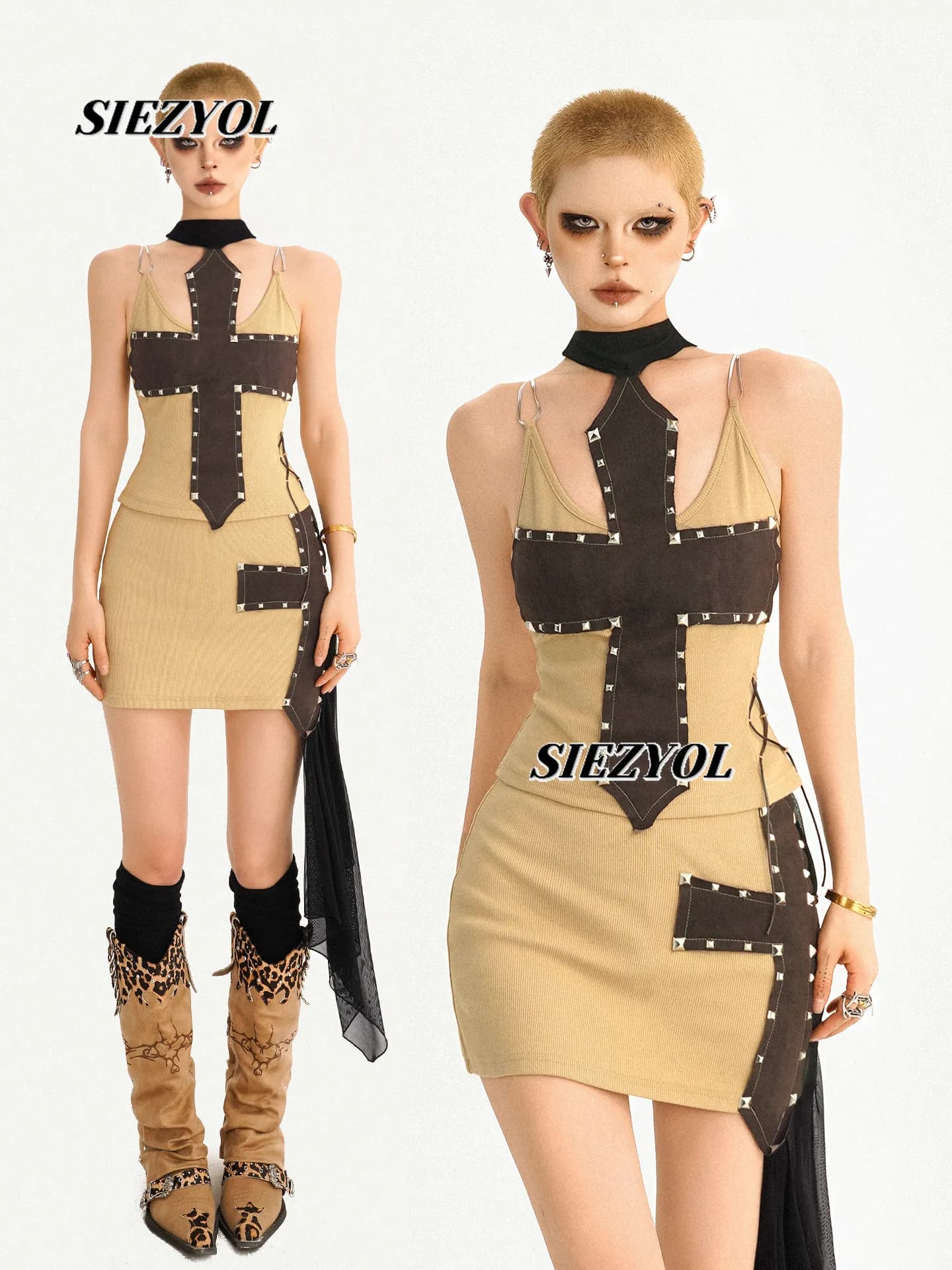 Original Design Cross Splicing Neck Vest Women's Sweet Sleeveless Tops Summer Niche Spice Girl Slim Short Skirt Two-piece Set