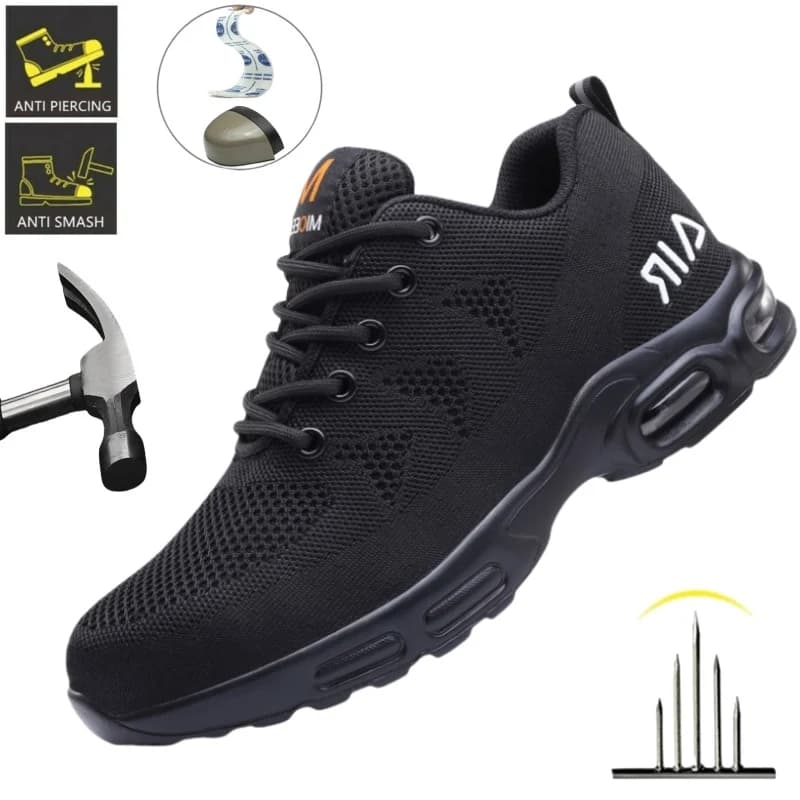 Stivali antinfortunistici da uomo in rete nera con puntale in acciaio Scarpe da ginnastica da lavoro anti-smash Scarpe antinfortunistiche da uomo Calzature da lavoro indistruttibili
