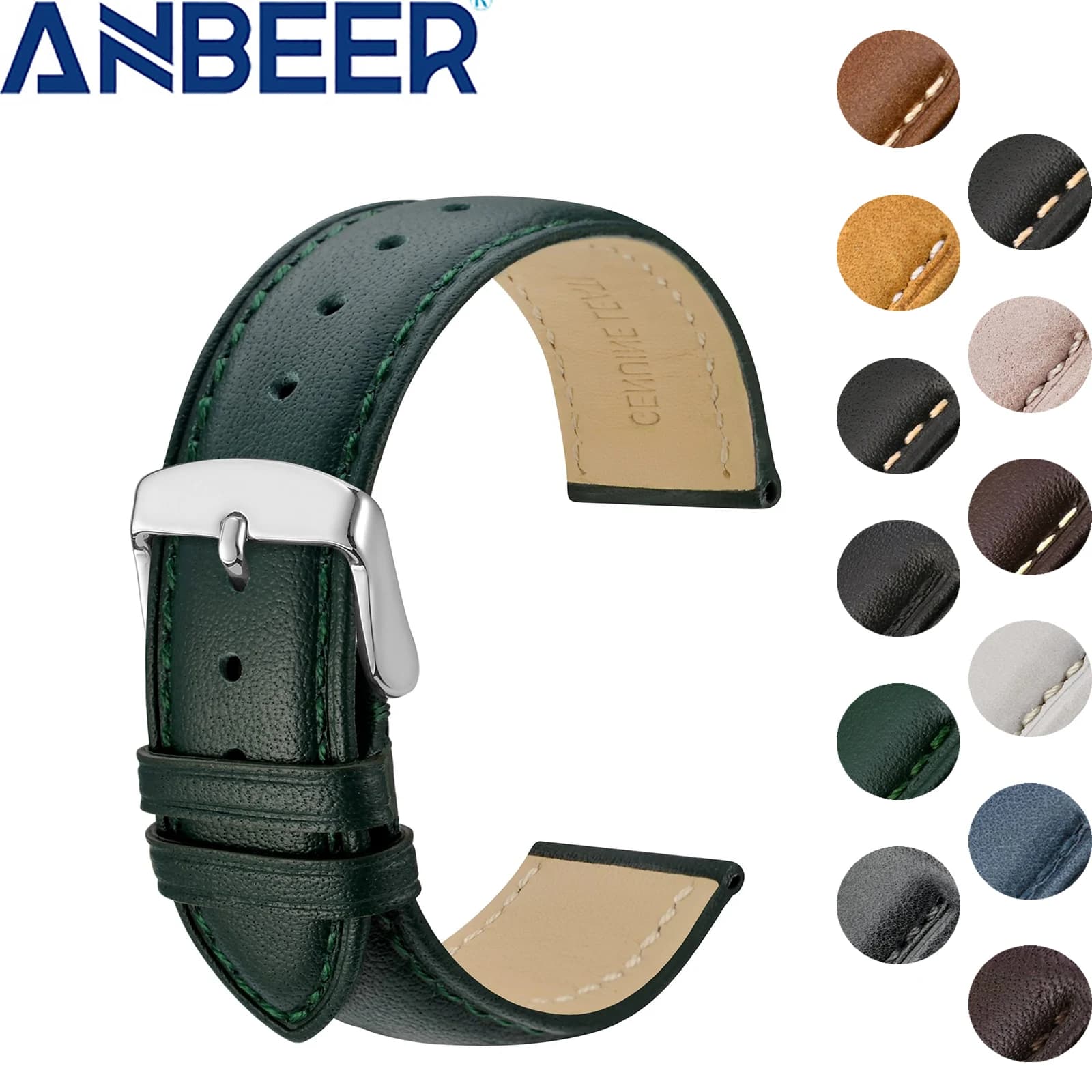ANBEER Leather Watch Strap, Replacement Watch Band for Men, 16mm 17mm 18mm 19mm 20mm 21mm 22mm Vintage Style Watchband
