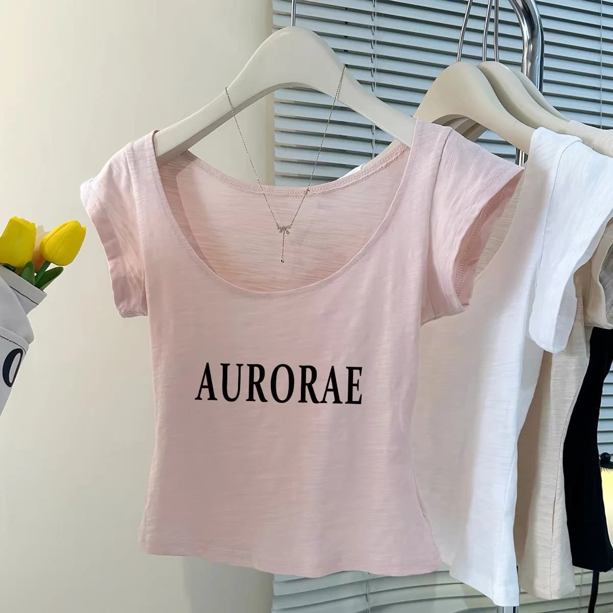 Slimming Effect Bamboo Cotton Short Sleeve T-shirt Pink U-neck Printed Versatile Chic Simple Style Short Top for Women