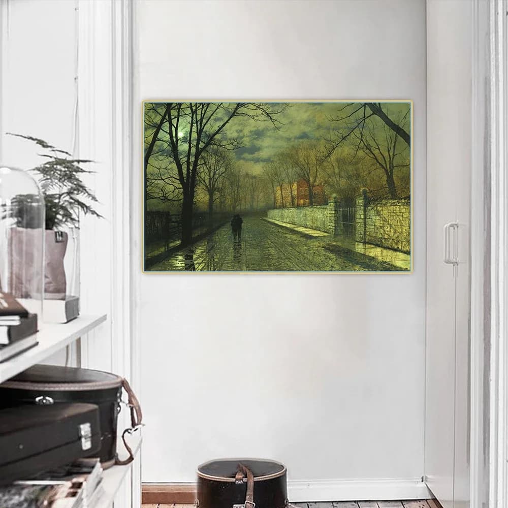 John Atkinson Grimshaw " Figures in a Moonlit Lane after Rain " Canvas Oil Painting Picture Backdrop Wall Decor Home Decoration