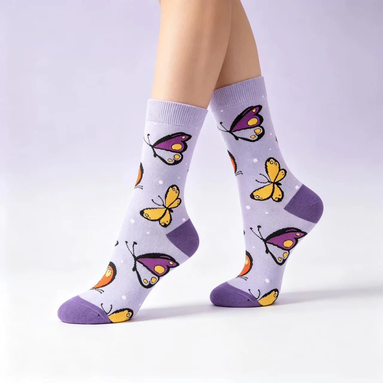 5 Pairs Women Butterfly Print Mid‑Calf Socks Colorful Cute Pattern Soft Cotton Ladies Casual Socks