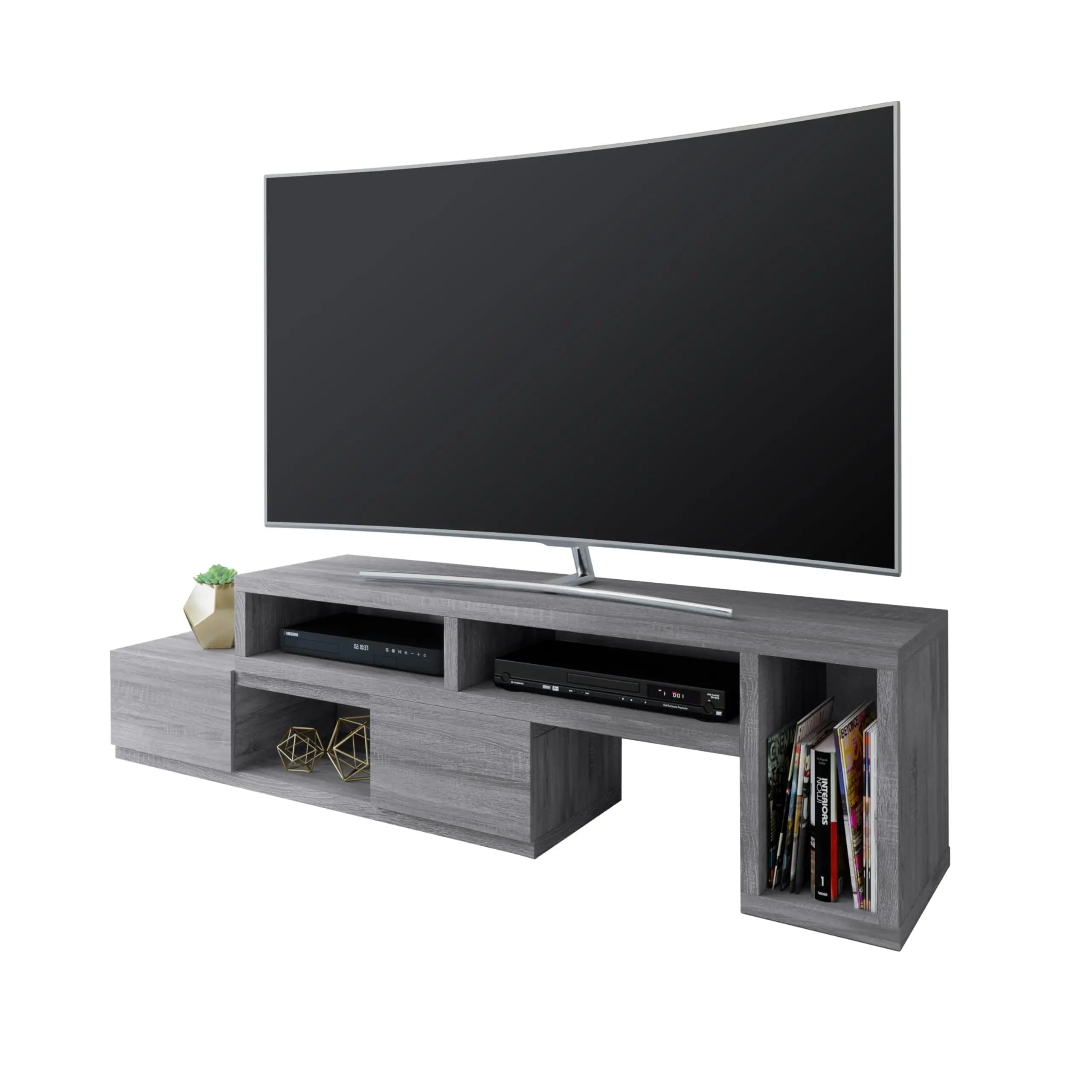 Gray Modern Adjustable TV Console With Open Storage Compartments And Concealed Shelves For Screens Up To 65 Inches Diagonal