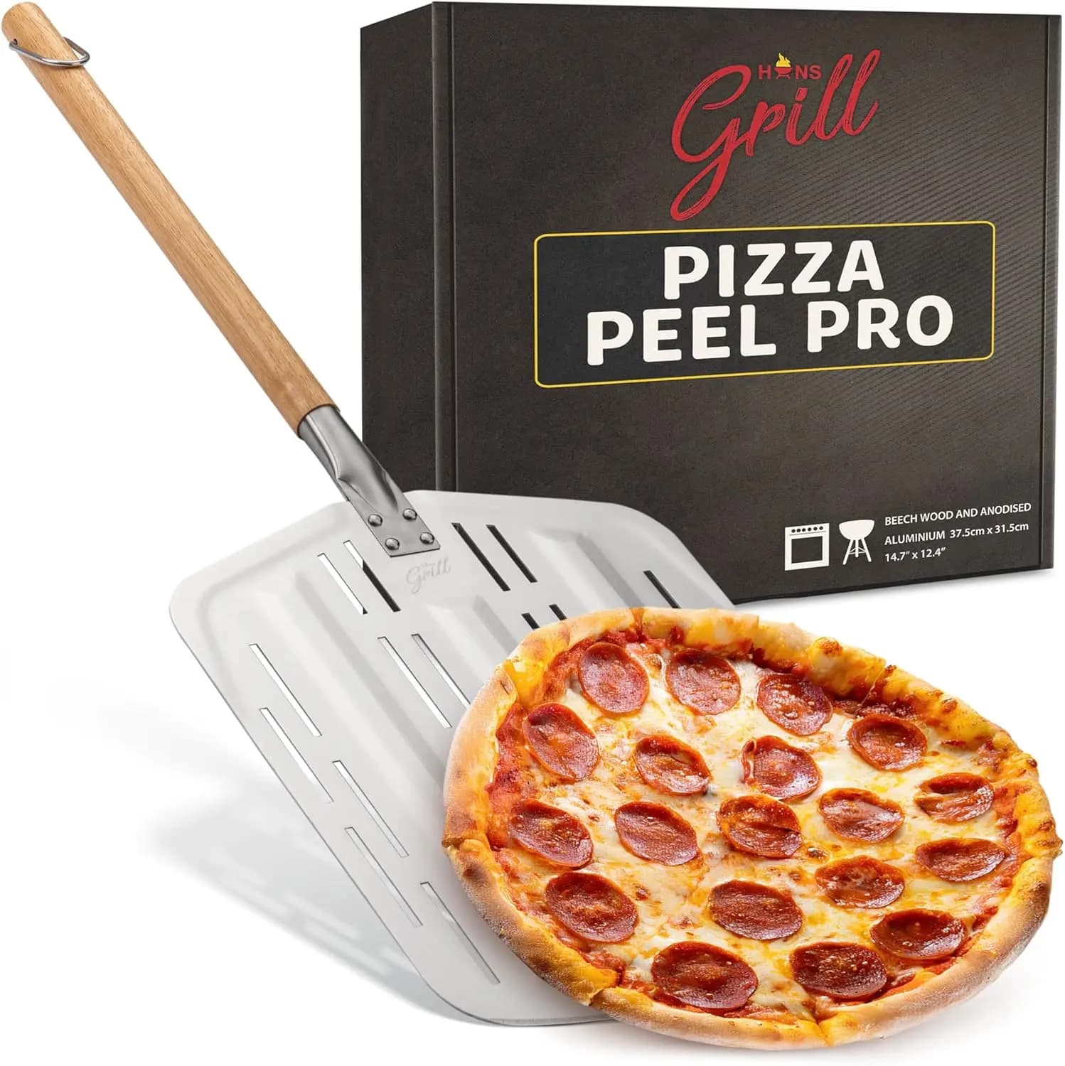 Buccia per pizza perforata professionale per pizzas XL da 12+ pollici, alluminio antiaderente con manico in legno per un facile lancio e rotazione