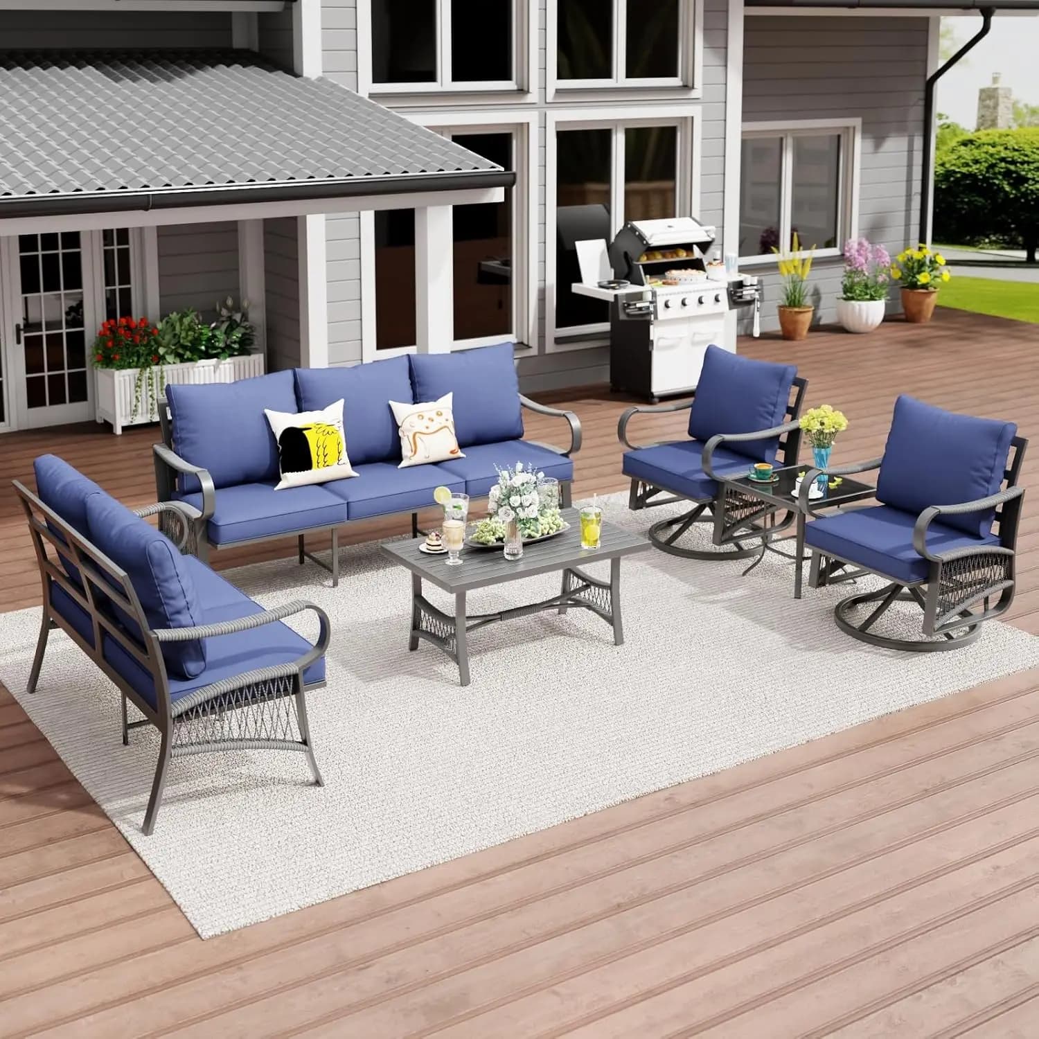 Garden Furniture Set 6 Pieces, 2 Seats Swivel Singole, Braided in Corda with Mirror Bearings, for Exterior weather resistant, Customizable