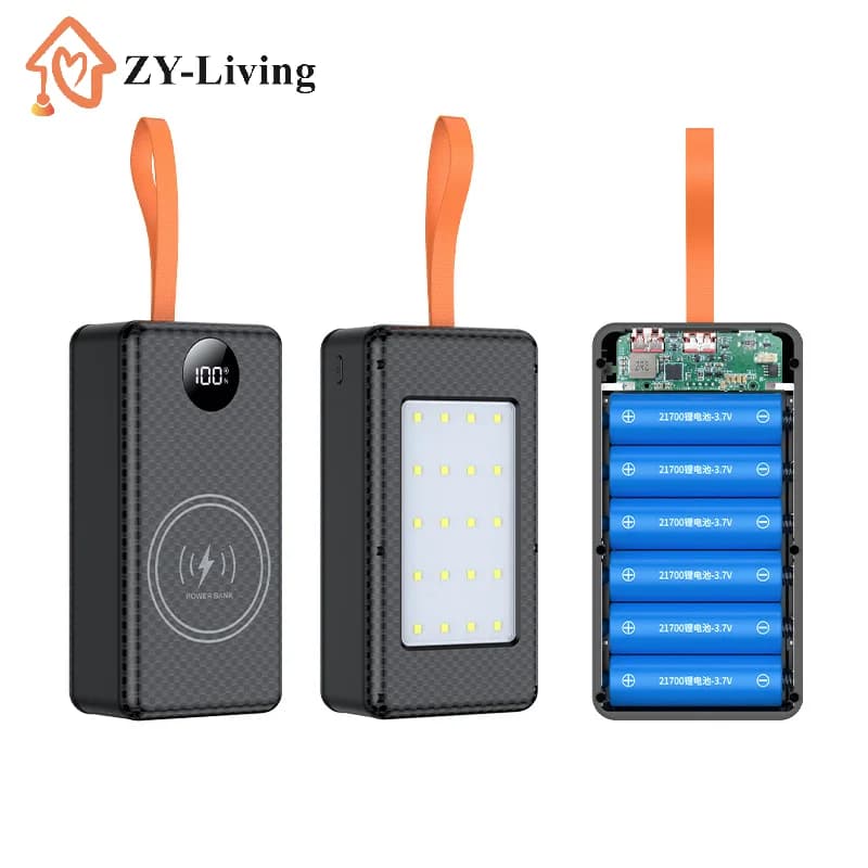 Dual USB Type C Charge Box With LED Light 12*21700 Battery Holder 10W 22.5W Fast Charging 15W Wireless Charging DIY Power Case