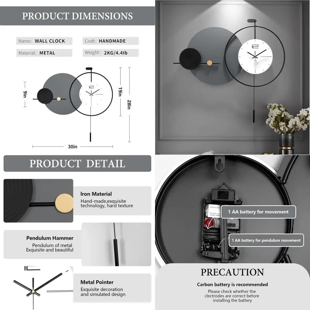 Contemporary Silent Wall Clock with Pendulum, Battery Metal Decoration for Home and Office