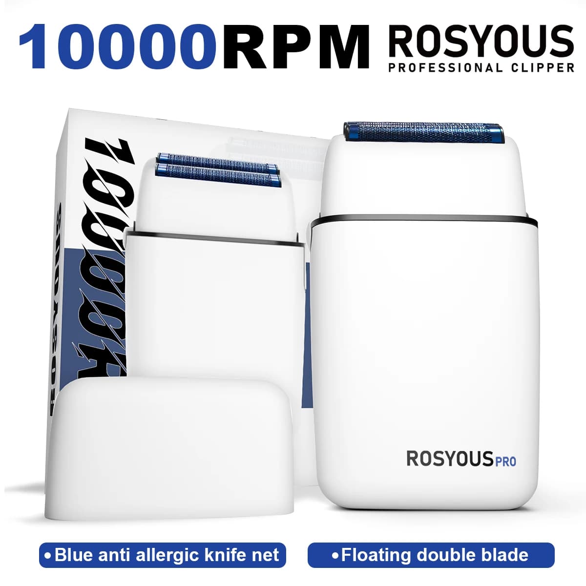 ROSYOUS RS620 Men's Shaving Machine 10000RPM Double Foil Blue Hypoallergenic Knife Net Electric Beard Trimmer Barber Shop