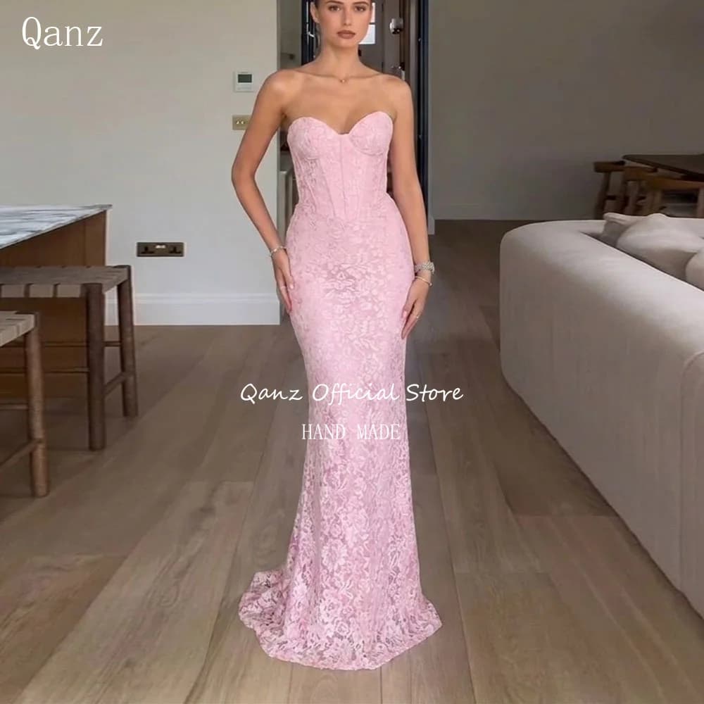 Abito da ballo Qanz elegante rosa con applicazioni in pizzo, modello a sirena, scollo a cuore, per invitati a matrimoni, senza schienale, abiti da sera personalizzabili
