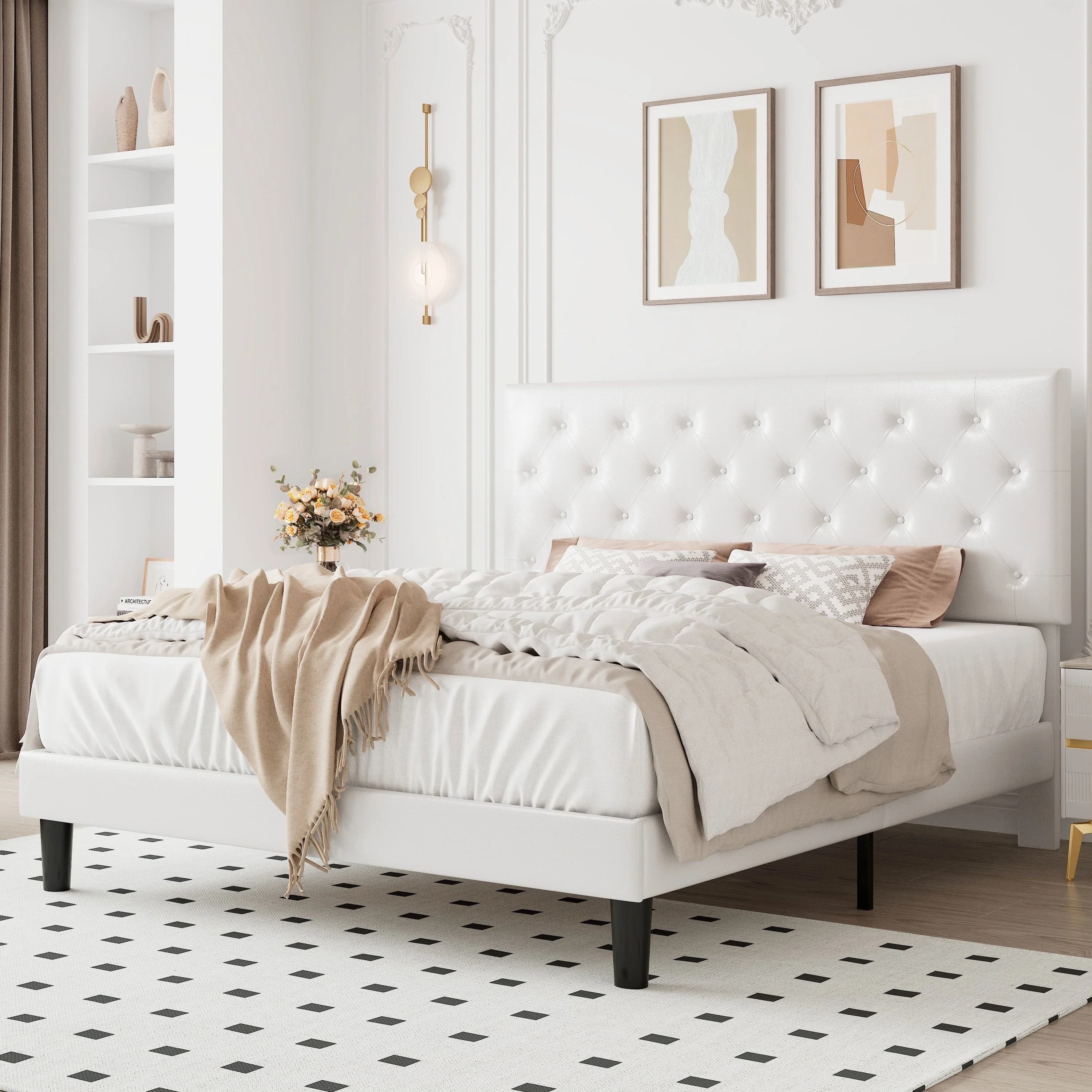 HOOMIC Letto imbottito con piattaforma e testiera regolabile trapuntata a rombi - Design moderno in similpelle, supporto con doghe in legno