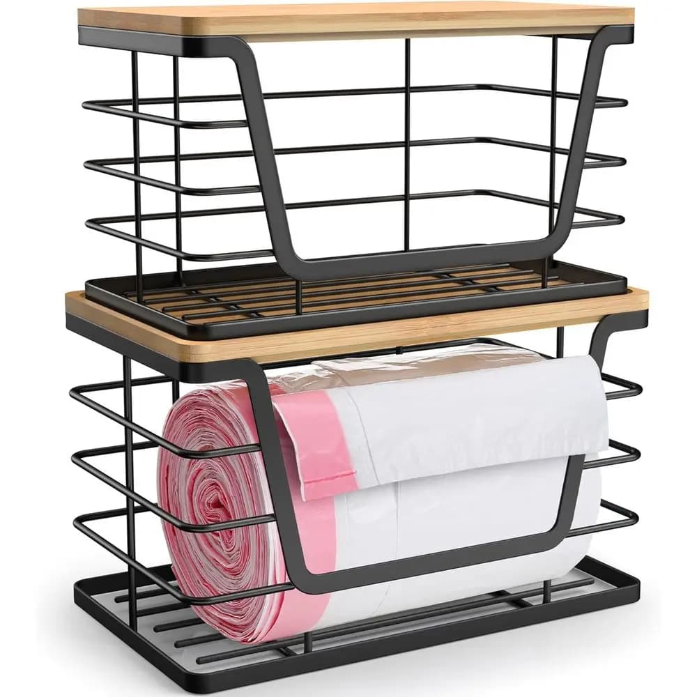 2 Pack Storage Stackable Kitchen Laundry Organizers with Bamboo Top, Large Trash Bag Holder, Small Garbage Bag Dispenser, Counte