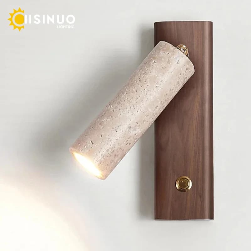 Wabi‐Sabi Lampada da parete in pietra travertino giallo naturale Lampada rotante in legno con interruttore Lampada da comodino per corridoio camera da letto Home Deco