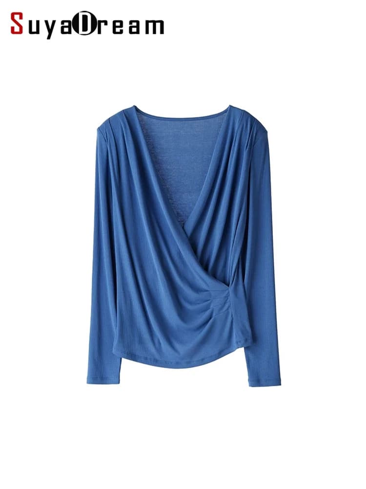 SuyaDream t-shirt da donna in misto seta, scollo a V avvolto, maniche lunghe, t-shirt Basic lavorata a maglia a coste, monocromatica, autunno 2023, inverno