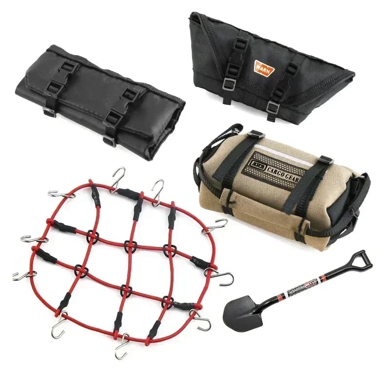 Set di 5 Borse Portaoggetti, Borsa da Tetto, Borsa a Mano, Sacco a Pelo, Rete Portabagagli, Pala Decorativa per Auto RC Crawler TRX4M Axial SCX24 1/18 1/24