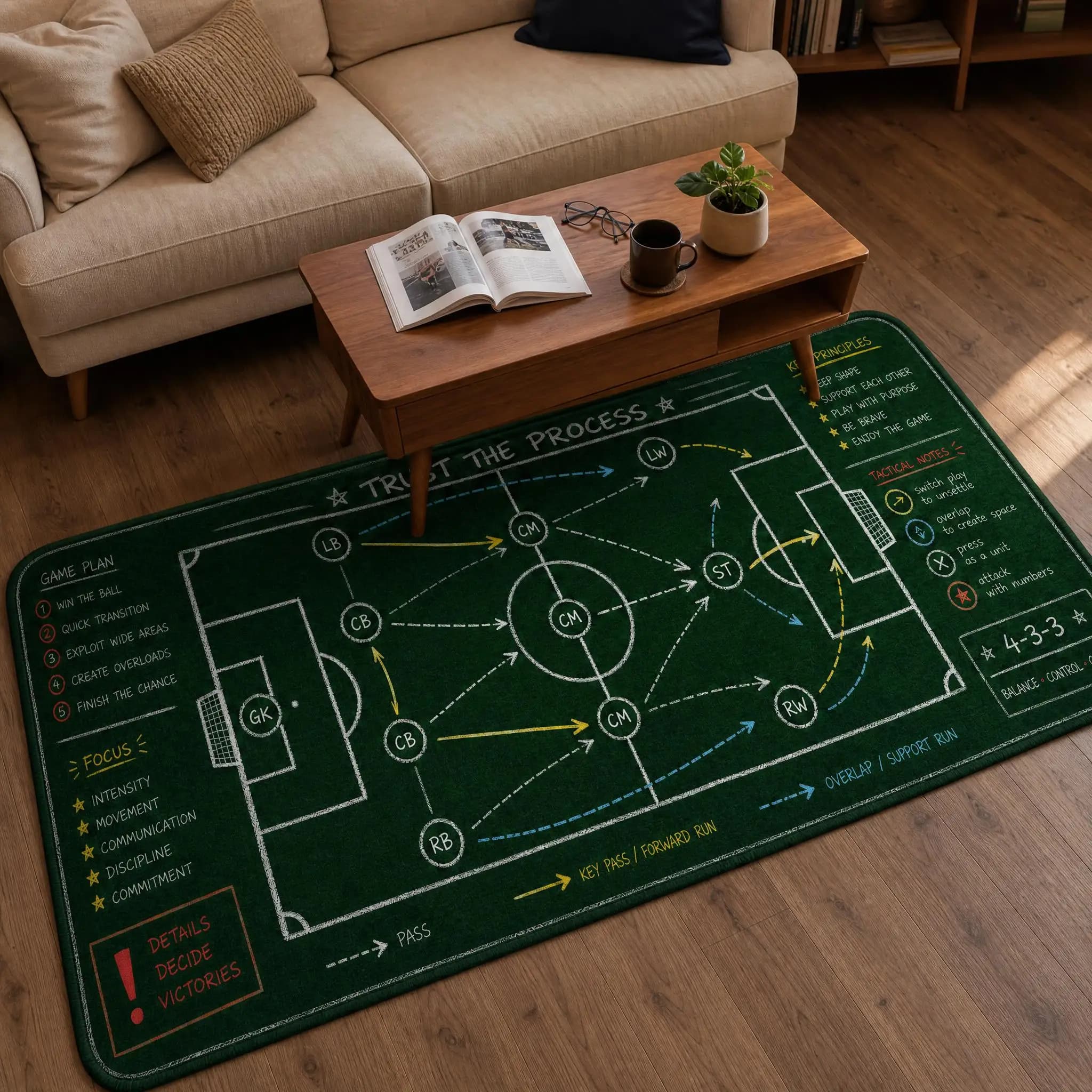 Football Tactical Notes Printed Doormat, 4-3-3 Formation Game Plan Floor Mat, Non-Slip Washable Rug for Soccer Coach, Player Hom