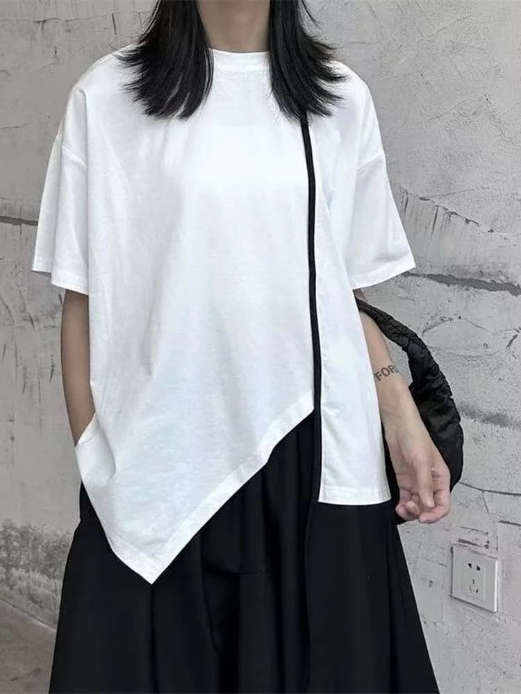 Loose Short Sleeve T-Shirt Half Sleeve Asymmetrical Slit Color Block Design Summer Slimming Effect Cotton Blend Women's Top