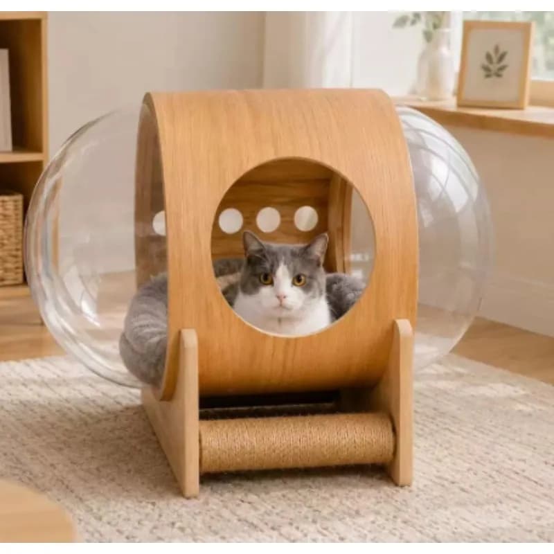65x47cm Solid Wood Cat Tree with Dual Space Capsules, Transparent Acrylic Cat House for Indoor Cats, Compact Modern Design