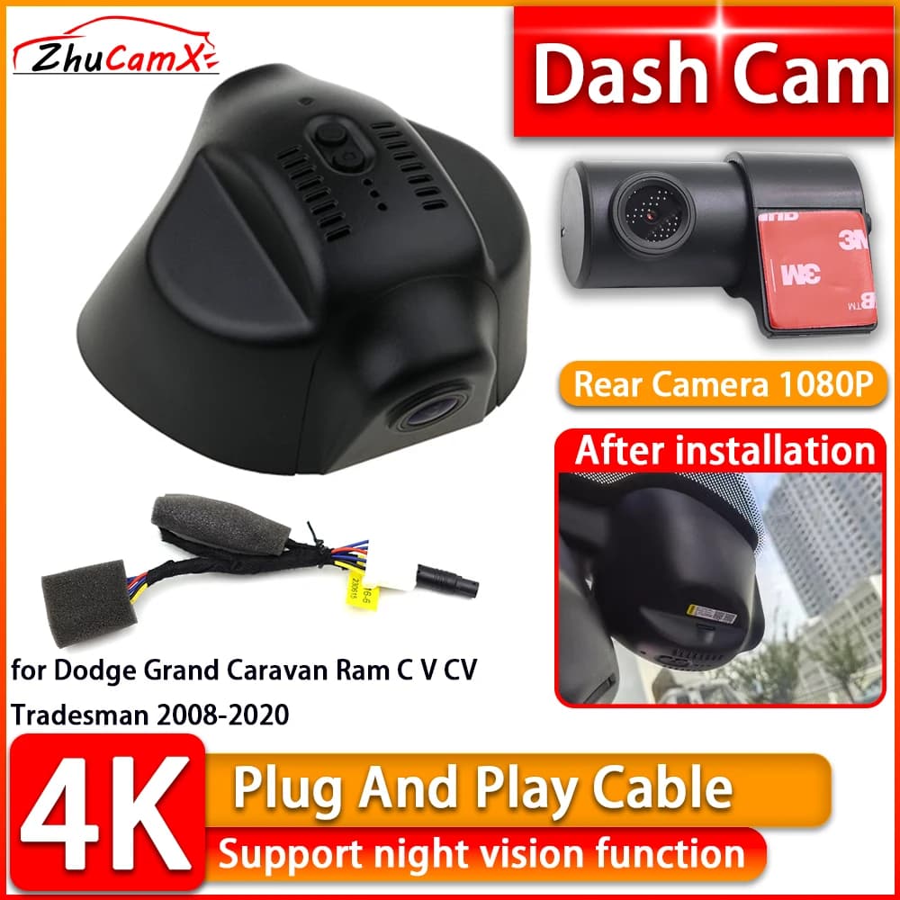 Wiifi 4K Dash Cam for Dodge Grand Caravan Ram V CV Tradesman 2008-2020 DVR Front Rear Car Camera Plug and Play Video Recorder