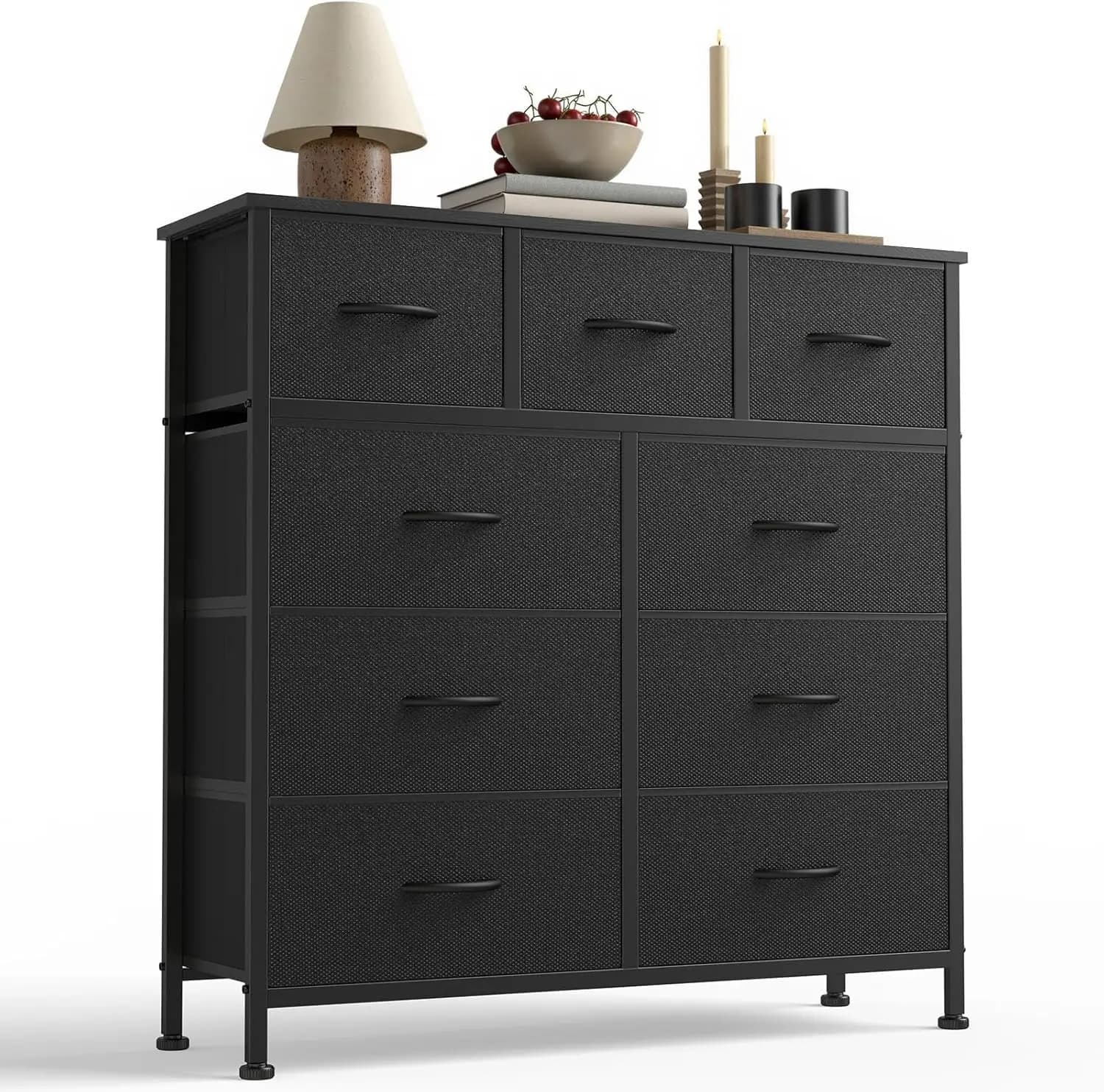 9-Drawer Fabric Dresser Storage Tower with Wood Top and Steel Frame, Organizer Chest with Easy Pull Handles for Bedroom, Closet,