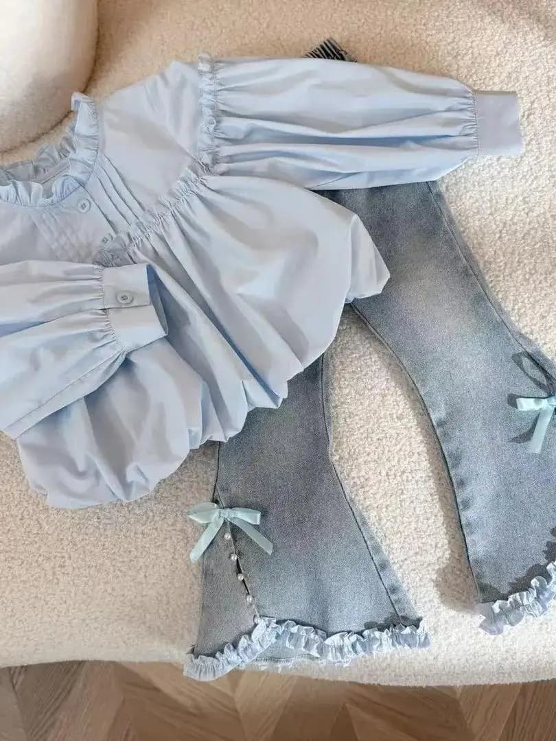 Spring New Arrival Girls' irt And Jeans Set Faionable Princ Sle Two-Piece Suit Cotton Long Sve Knot