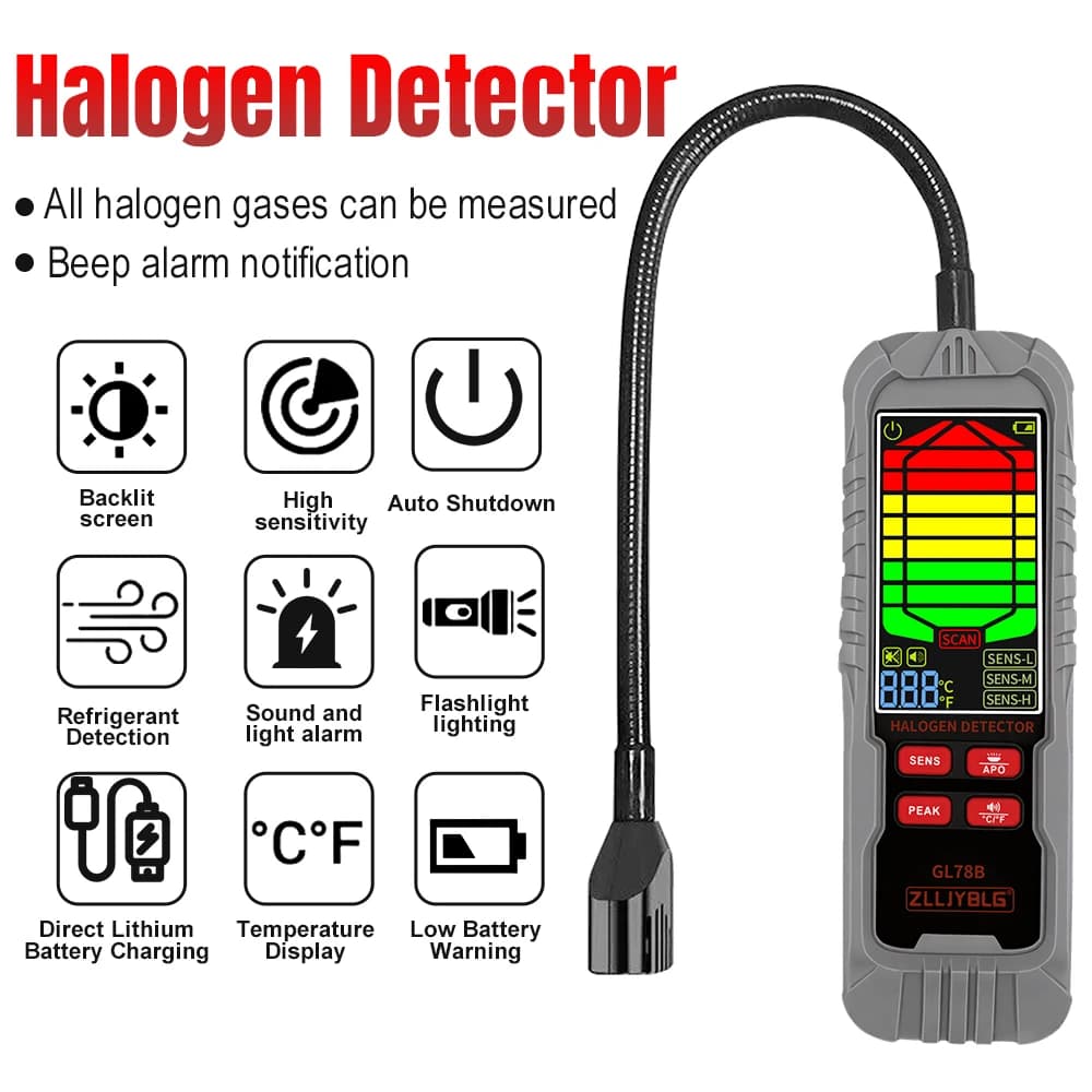 Air Conditioning Leak Detector Refrigerant Halogen Tester Meter HFC HCFC CFC PFC HFO R22 R32 R134A Combustible Gas Detector
