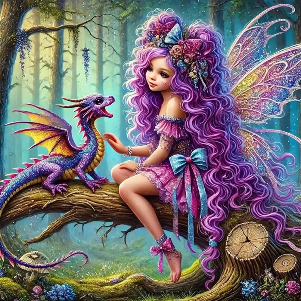 Fairy and Little Dragon in Enchanted Forest 5D DIY Full Diamond Painting Kit Rhinestone Mosaic Handmade Art for Home Wall Decor