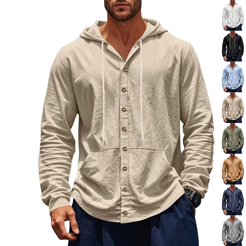 Men's casual linen shirt with long sleeve hood, American style, wide fit, new autumn spring collection 2026, ideal for beach