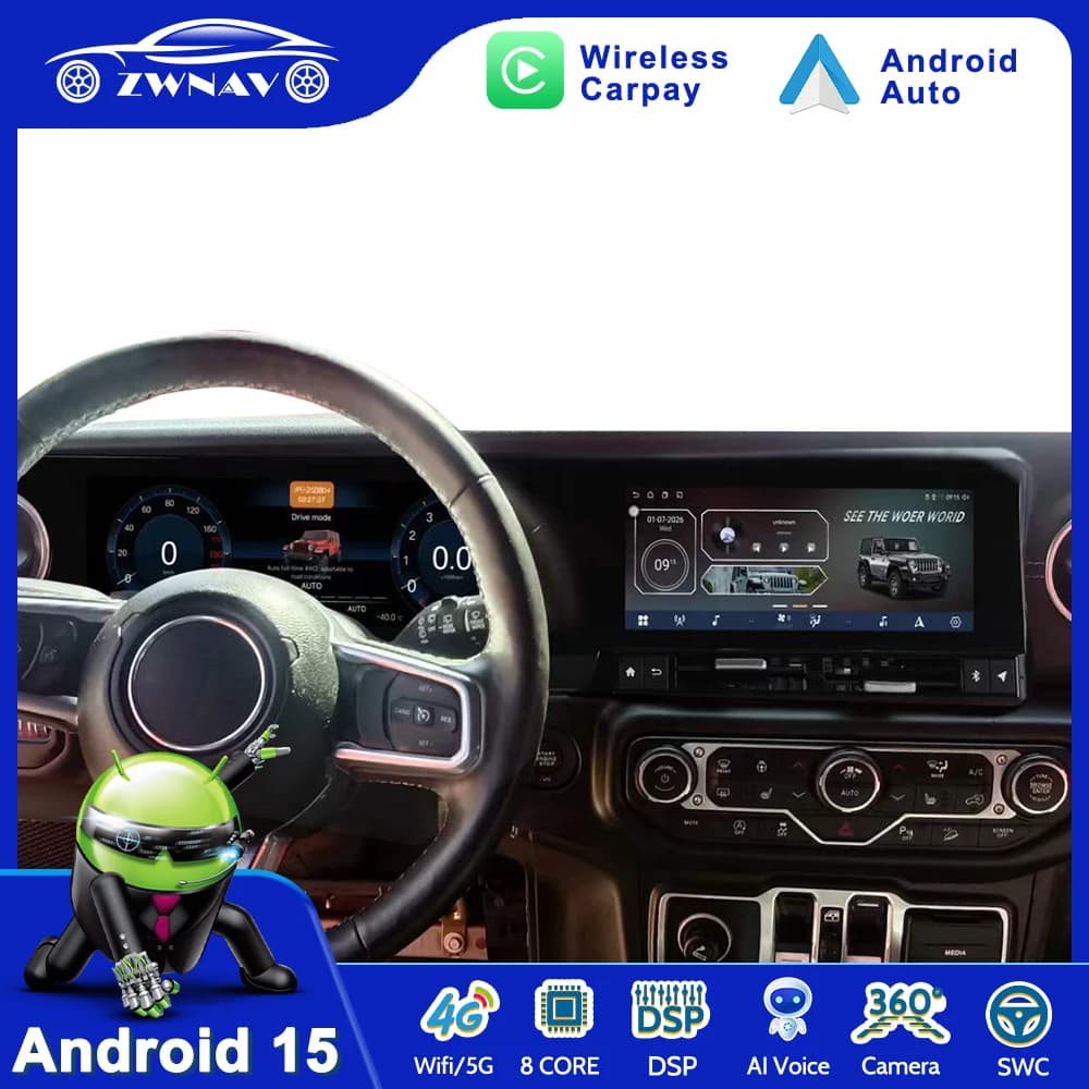 24.6" Dual Screen For Jeep Wrangler 2018-2023 LCD Digital Cluster + Android Car Radio Multimedia Carplay Navigation DSP Headunit