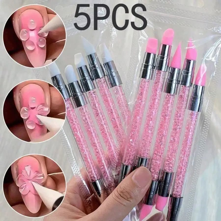 Set da 5 Pezzi Pennelli in Silicone Rosa a Doppia Punta con Strass per Nail Art, Penna per Scultura 3D, Pennello per Manicure Fai da Te, Pennello per Dotting Unghie