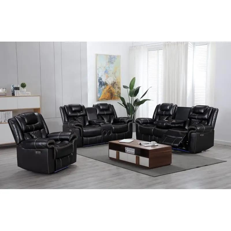 Set divano a due posti Black Power da 2 pezzi con doppia alimentazione, vassoio abbassabile, altoparlanti, caricabatterie wireless, nastro luminoso a LED, gel di pelle,