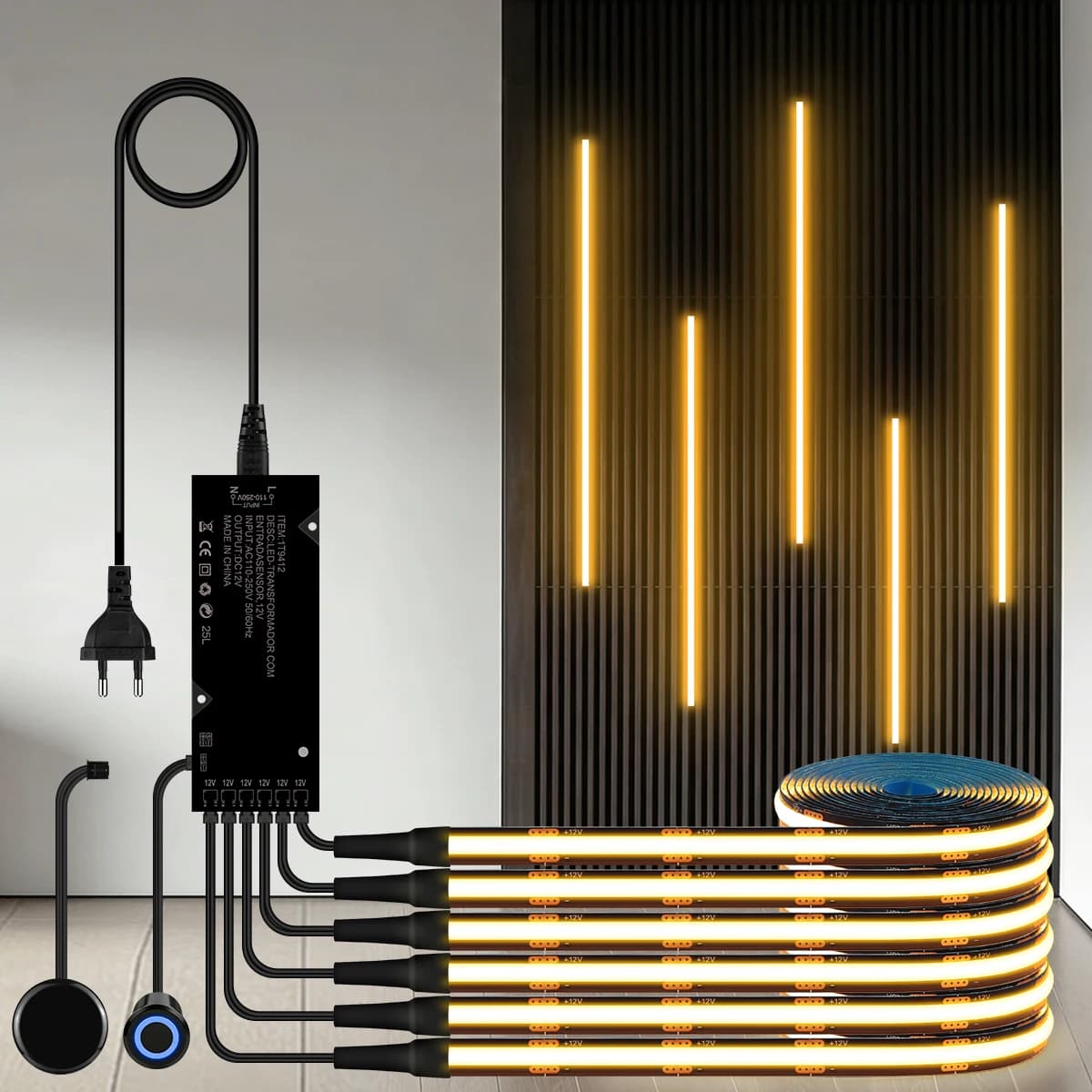 Striscia LED COB Dimmerabile con Doppio Sensore Touch per Pannelli in Legno Acustico, Retroilluminazione TV e Illuminazione Ambientale Sotto Mobili