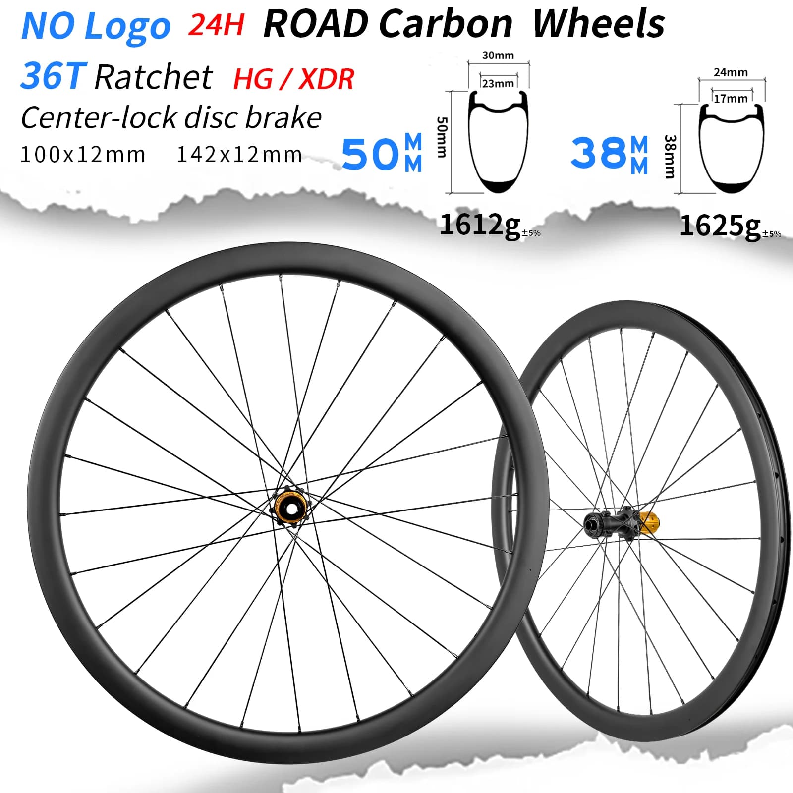 Ruote in carbonio KORE 700C 38/50mm 100x12 142x12 per bici da strada, con perno passante Center Lock, freno a disco, ratchet 36T, compatibili HG/XDR 24H